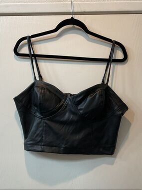 Guess Black Faux Leather Bustier Crop Top with Adjustable Straps